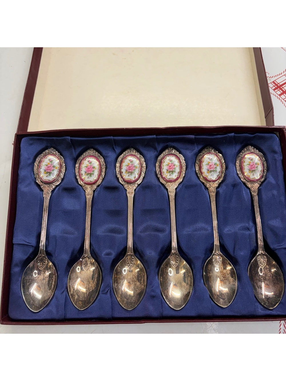Porcelain floral silver plated desert spoon set of 6 vintage